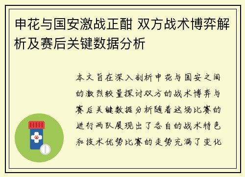 申花与国安激战正酣 双方战术博弈解析及赛后关键数据分析